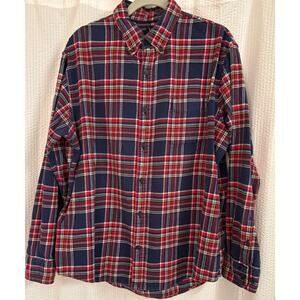 Lands’ End Men’s XL Flannel Shirt‎ Red Navy Tartan Plaid Soft Cotton Button Down